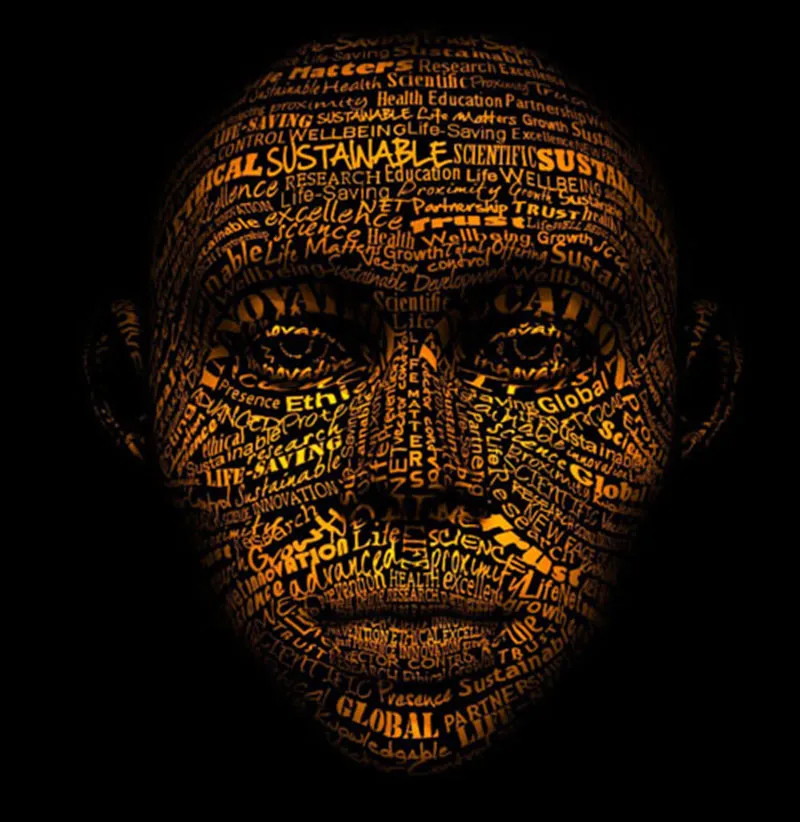 Lenticular hologram portrait — typographic build of a face on black ground, words composing the facial features in burnt and amber tones.